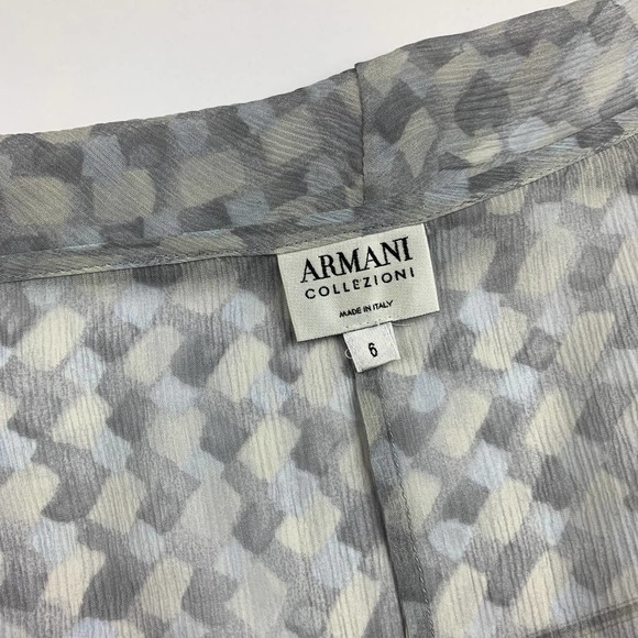 SOLD Armani Collezioni Vintage Y2K Gray 3/4 Crop Sleeve Ruffle Neck Sheer Silk - Picture 2 of 14